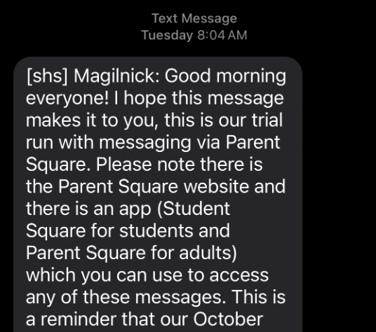 ParentSquare messages will appear on the text messaging app, but they will be monitored. Direct messages never display real phone numbers in the text app. Screenshot by Audrey Curtis ’25